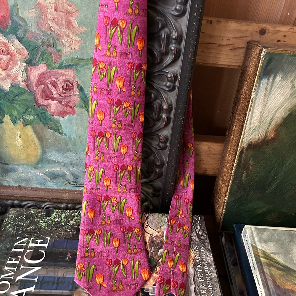 Dunhill Pink Silk Tie with Orange Tulip Pattern